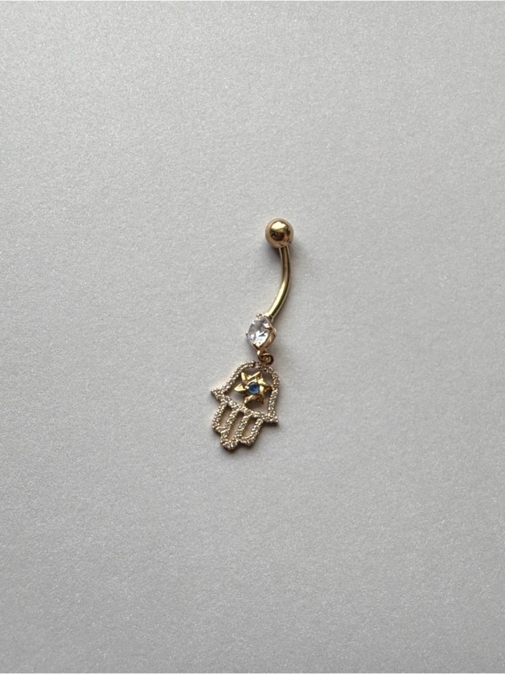 10K Real Gold Hamsa Belly Button Ring with Clear Gem